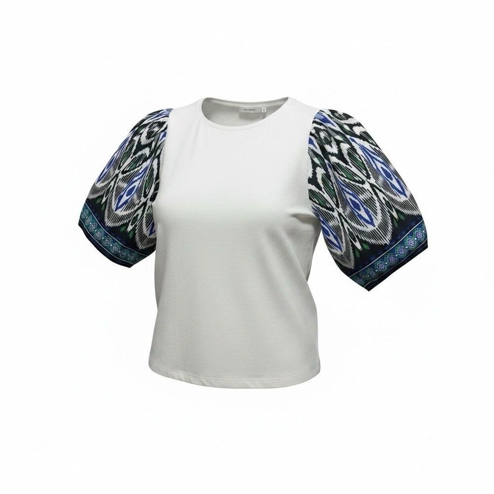 Chico's Size 2 US L White 40th Anniversary Multicolored Print Puff Sleeve Tee